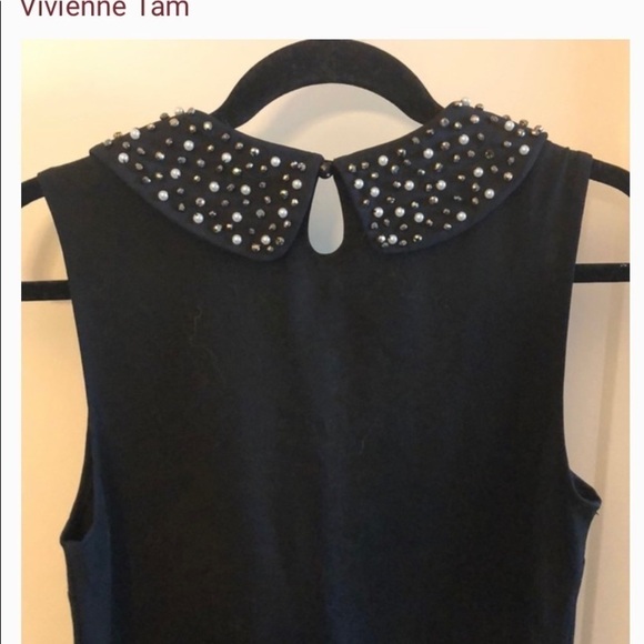 Vivienne Tam, Simple Elegance,Black Dress w/Beaded Mary Jane Collar, Size Large - Picture 14 of 14